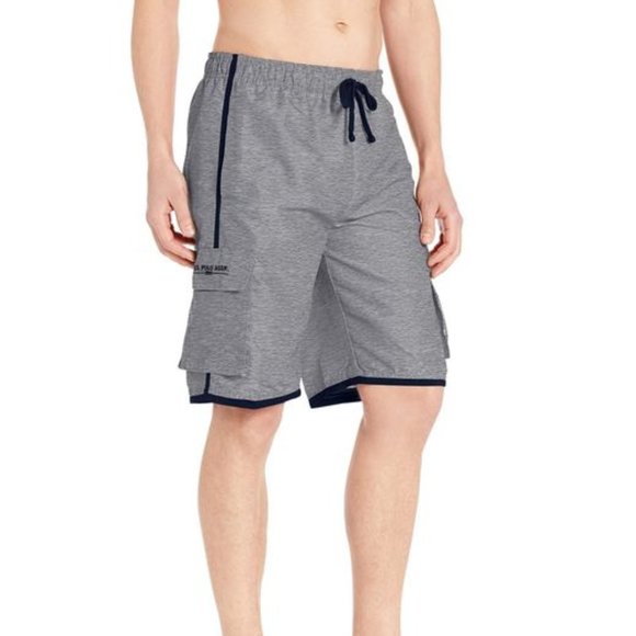 US POLO ASSN Cargo Swim Shorts Heather Gray Navy Trim Stripe - Picture 1 of 5